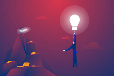 Businessman flying on a lightbulb ballon vector. Symbol of creativity, innovation, creative ideas and solutions. Eps10 vector illustrationのイラスト素材