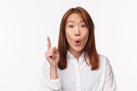 Have solution. Close-up portrait of excited creative asian woman suggest idea, folding lips as...