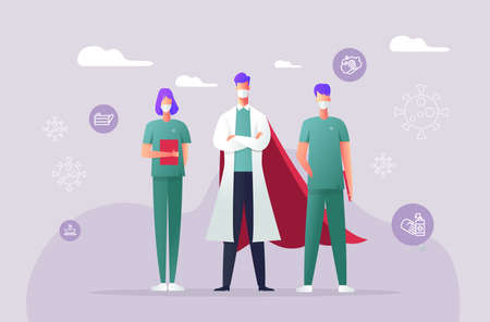 COVID-19 coronavirus prevention people and doctor wearing face masks vector illustration. Coronavirus design concept background.のイラスト素材