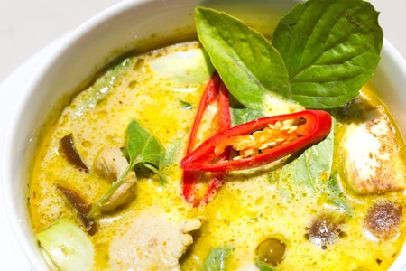 Thai food chicken green curry top view with copy space.