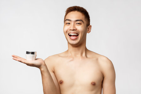Beauty, people and leisure concept. Portrait of cheerful smiling asian man with naked torso introduce his favorite skincare routine, anti-blemishes cream, holding jar on palm and look enthusiasticの写真素材