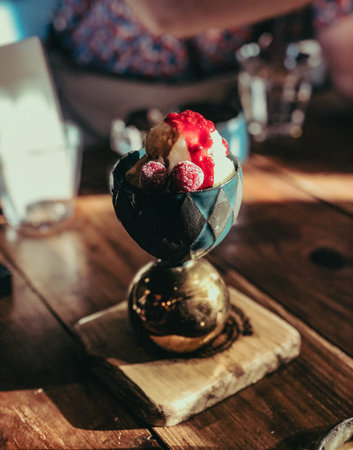 Vanilla ice cream balls served with rasberry in glass dessert dishes.