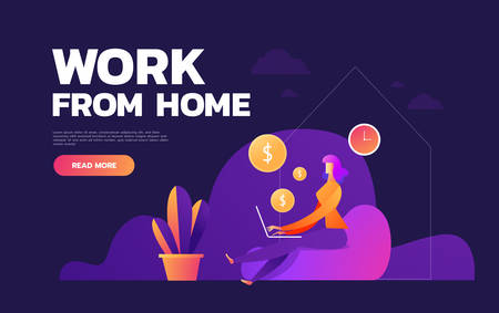Freelancer woman worker using computer laptop and working typing. Freelance online work concept flat cartoon graphic design illustrationのイラスト素材