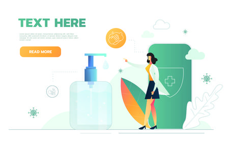 Woman doctor recommend to use an alcohol gel isolated over white background. Vector illustration.のイラスト素材