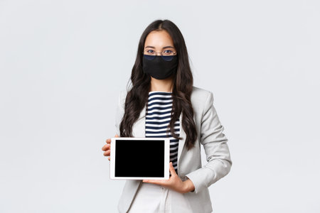 Business, finance and employment, covid-19 preventing virus and social distancing concept. Asian...