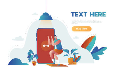 Fitness online course banner concept. Man doing fitness at home in online classes using his smartphone app. vector cartoon illustration.のイラスト素材