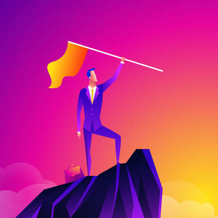 Business leader vector concept with businessman planting flag on top of mountain. Symbol of success, achievement victory, top career and leadership.   Top manager talent.のイラスト素材