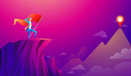 Businessman with flag on a Mountain peak, success and mission, Business target and victory and motivation, winner on top.のイラスト素材