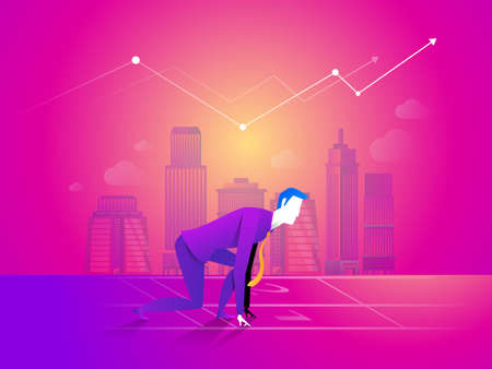 Business man is ready to run at start point on business chart background.のイラスト素材
