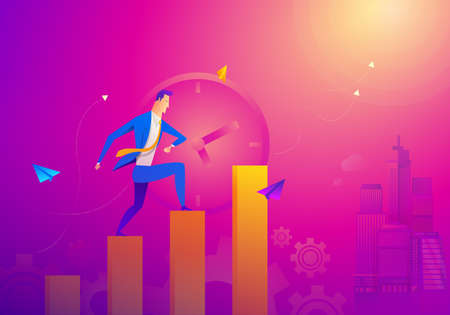 Business Concept As A Businessman Is Running On Growth Line Graph. He Is Enjoying The New Growth Of Opportunity With Full Motivation and Encouragement. Higher Sales Corresponds With Time Passes Byのイラスト素材
