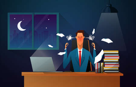 serious boss. senior businessman sitting at his desk with angry face. business man working at the office until night time with stress from overwork. overtime workのイラスト素材