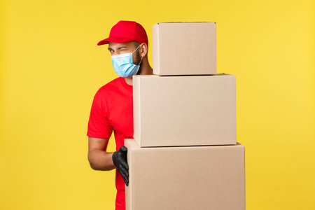 Express delivery during pandemic, covid-19, safe shipping, shopping concept. Friendly handsome...
