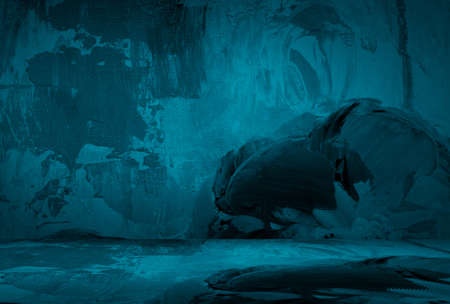 Vintage grunge blue concrete texture studio wall background with vignette.の写真素材