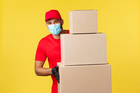 Express delivery during pandemic, covid-19, safe shipping, online shopping concept. Enthusiastic...