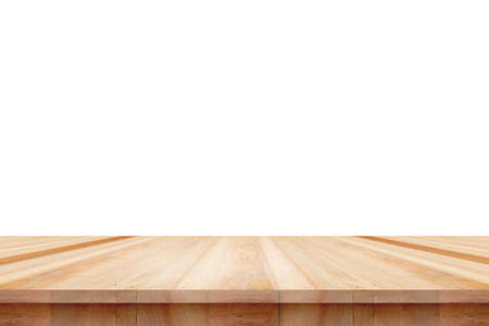 Empty wooden table top isolated on white background, used for display or montage your productsの写真素材