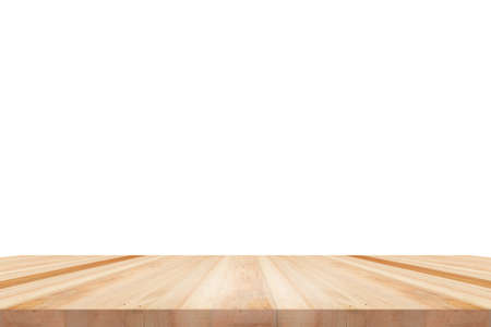 empty wooden table top isolated on white background, used for display or montage your productsの写真素材
