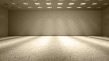 Light shine through round holes on ceiling casting shadows. Beige concrete interior 3d render illustrationの写真素材