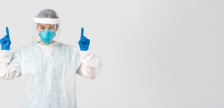 healthcare workers concept. Serious-looking young asian female doctor, tech lab employee in...