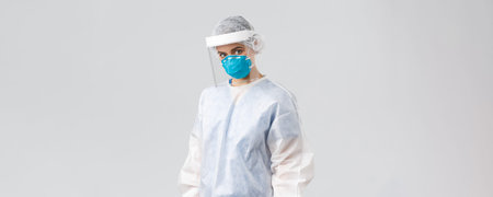 Covid-19, preventing virus, health, healthcare workers and quarantine concept. Serious, determined...