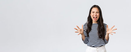 Lifestyle, people emotions and casual concept. Mad distressed asian woman losing temper, cant stand...