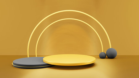 Abstract yellow gold color geometry shape background, Minimal studio with round pedestal and copy...