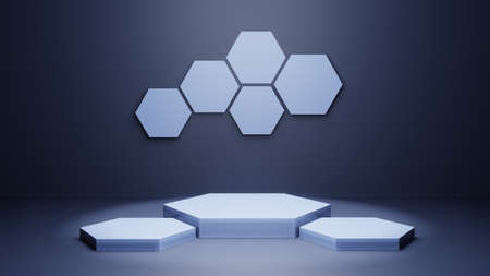 3d blue hexagon podium minimal studio background. Abstract 3d geometric shape object illustration render. Display for technology medical and science productの写真素材