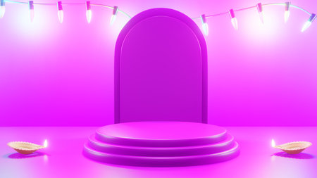 Indian festival Happy Diwali with Diwali props, holiday Background with product podium, Diwali celebration, 3D illustration rendered.の写真素材