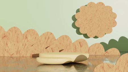 Abstract stage with circle podium mockup with clouds, mountain landscape in soft light yellow, paper...