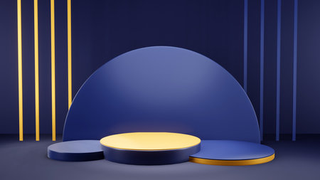 abstract geometry shape podium, blue and gold pastel product stand presentation with minimal style. 3d rendering illustration.の写真素材