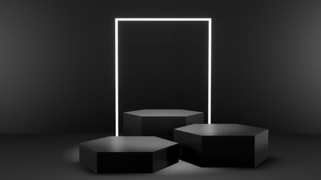 3d rendering of black background and product podium stand studioの写真素材