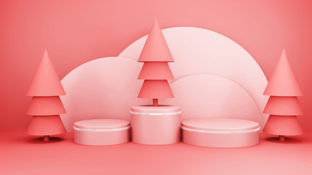 Christmas background with Christmas tree and stage podium for product display. 3d rendering