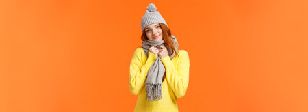 Tender gorgeous redhead female feeling comfortable and warm, got valentines gift cute hat and lovely...