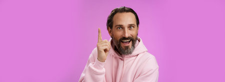 Have great idea listen. Excited energized happy charismatic male bearded guy raising index fingers...