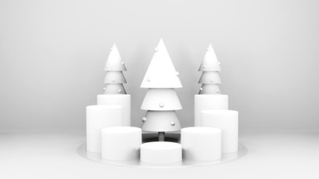Empty stage with podium and Christmas decorations. Minimal mockup xmas winter scene. Christmas trees and gift boxes on pure white greay background with copy space, front view. 3d render illustration.の写真素材