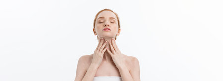 Beauty Woman. Beautiful Young Female touching Her Skin. Portrait isolated on White Background....