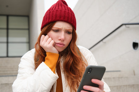 Portrait of sad redhead girl, looks upset and disappointed at smartphone screen, reads bad news text...