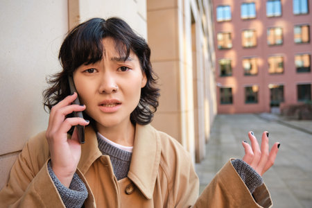 Korean girl with concerned face talks on mobile phone and shrugs, frowns and looks concerned, being...