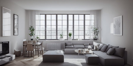 Stylish scandinavian composition of living room with design armchair, mock up poster frame, personal...