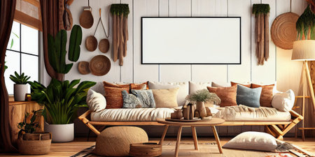 Mockup frame in interior background, room in warm tone, Scandi-Boho style, Generative AI