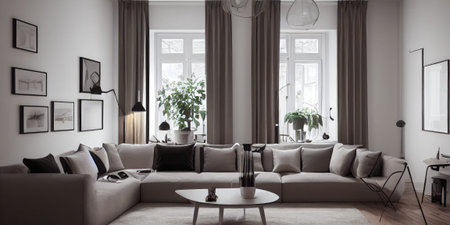 Stylish scandinavian composition of living room with design armchair, mock up poster frame, personal...