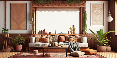 Mockup frame in interior background, room in warm tone, Scandi-Boho style, Generative AIの写真素材