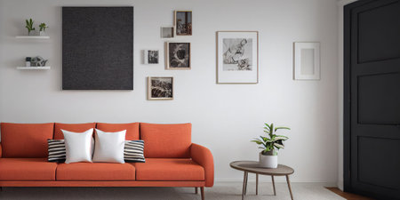 mock up poster frame in boho interior background, wooden living room design, Scandinavian style. Generative AI illustrationの写真素材