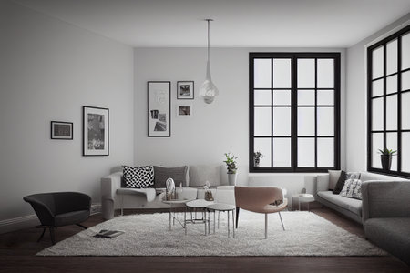 mock up poster frame in boho interior background, wooden living room design, Scandinavian style. Generative AI illustrationの写真素材