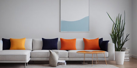 mock up poster frame in boho interior background, wooden living room design, Scandinavian style. Generative AI illustrationの写真素材