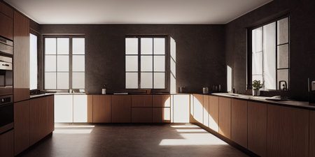 Modern Contemporary kitchen room interior. warm tone. Generative AI illustration.の写真素材