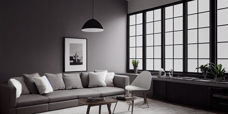 mock up poster frame in boho interior background, wooden living room design, Scandinavian style. Generative AI illustrationの写真素材