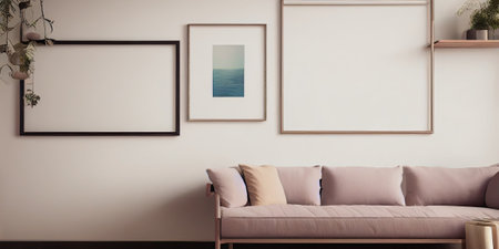 mock up poster frame in modern interior background, living room, Scandinavian style, Generative AI illustration.の写真素材