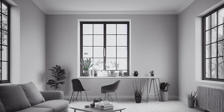 mock up poster frame in boho interior background, wooden living room design, Scandinavian style. Generative AI illustrationの写真素材