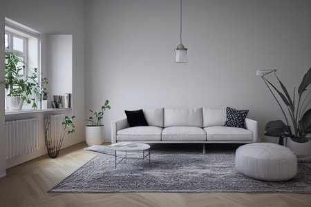 mock up poster frame in boho interior background, wooden living room design, Scandinavian style....