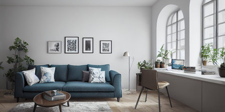 mock up poster frame in boho interior background, wooden living room design, Scandinavian style....